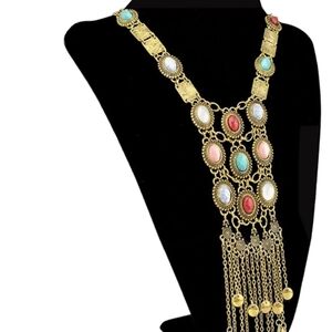 Gold Turquoise Boho Statement Ethnic Tribal Long Necklace Bohemian Stone Gem